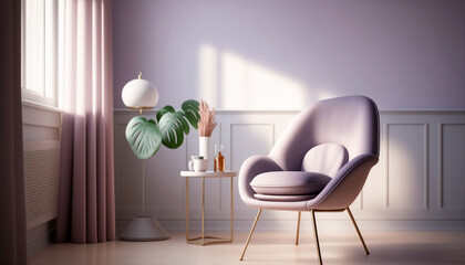 Minimalist light lilac chair in a light beige modern eco interior. Generative AI
