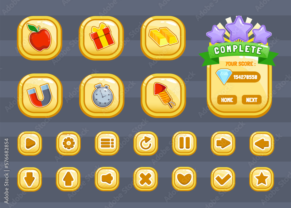 Aufkleber design for complete set of score button game pop-up, icon, window and elements