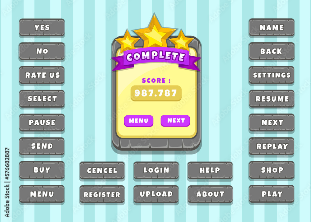 Aufkleber design for complete set of score button game pop-up, icon, window and elements