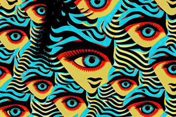 Fototapeta premium Modern psychedelic fashion seamless pattern with beautiful mystery person with third eye