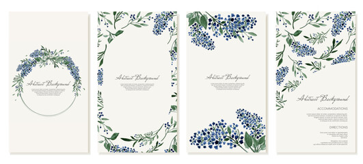 Set of vintage rustic vertical social media banners with watercolor field blue flowers. Vector template