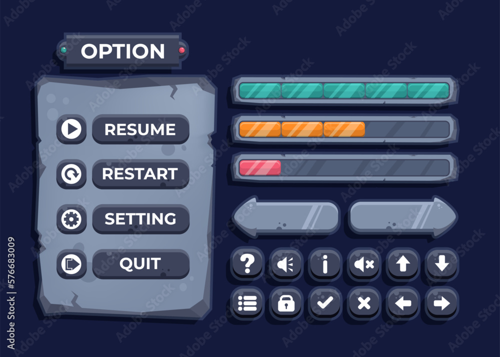 Aufkleber design for complete set of level button game pop-up, icon, window and elements