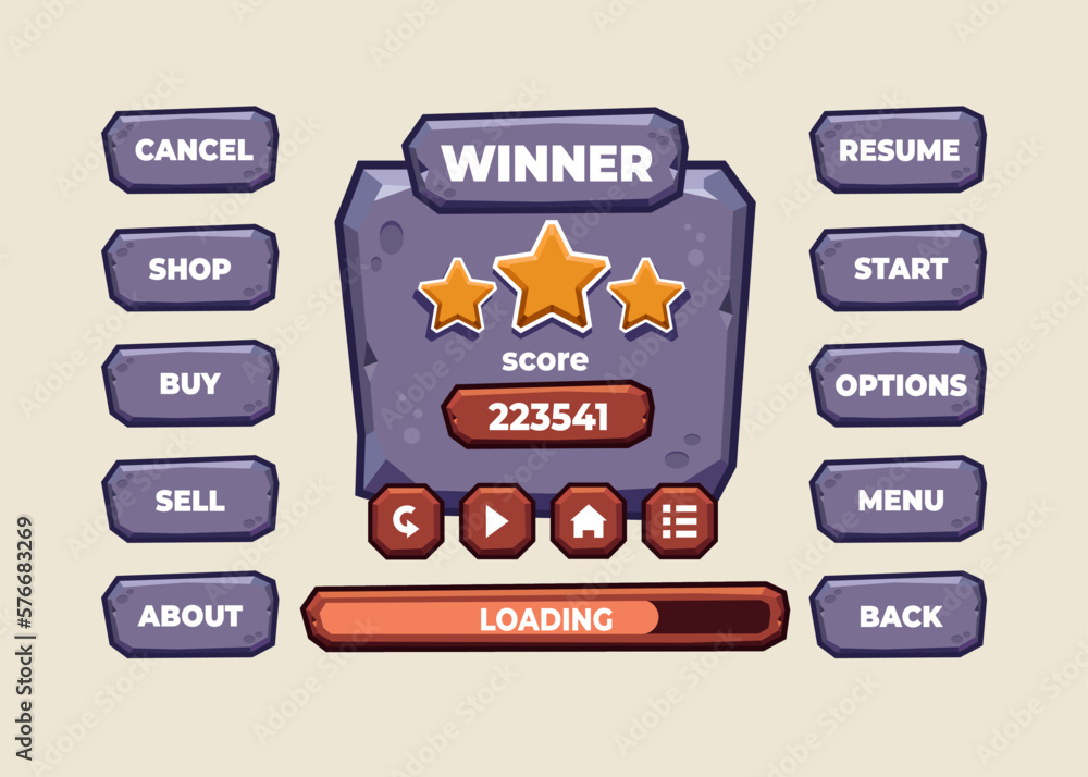 Aufkleber design for complete set of score button game pop-up, icon, window and elements