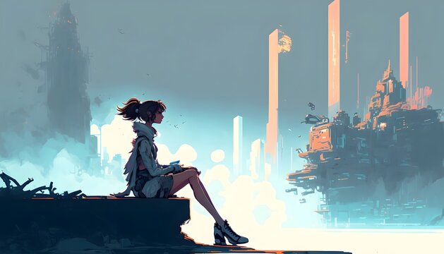 woman sitting outside against the futuristic city scene in the background, illustration, Generative AI