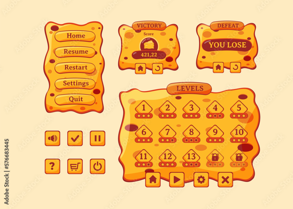 Poster design for complete set of score button game pop-up, icon, window and elements