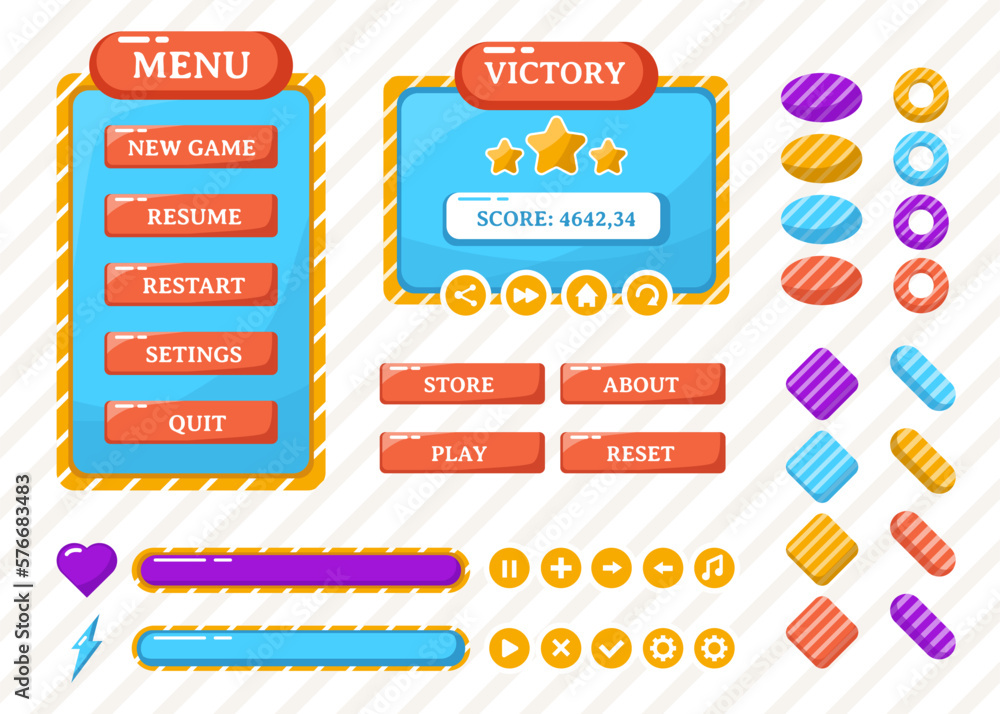 Aufkleber design for complete set of score button game pop-up, icon, window and elements