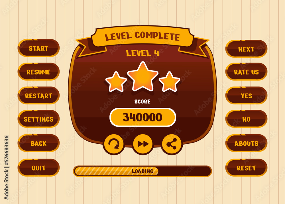 Aufkleber design for complete set of score button game pop-up, icon, window and elements