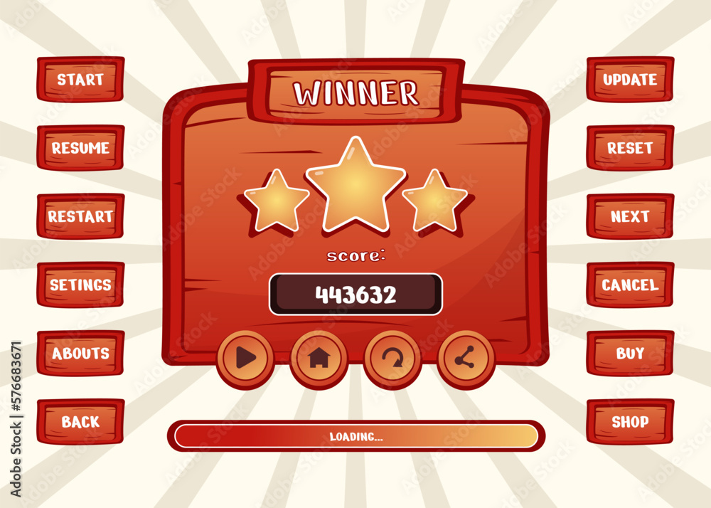 Aufkleber design for complete set of score button game pop-up, icon, window and elements