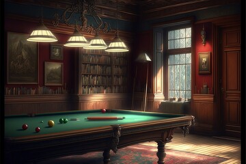 billiard room with a retro atmosphere, with a large table and beautiful lights - obrazy, fototapety, plakaty