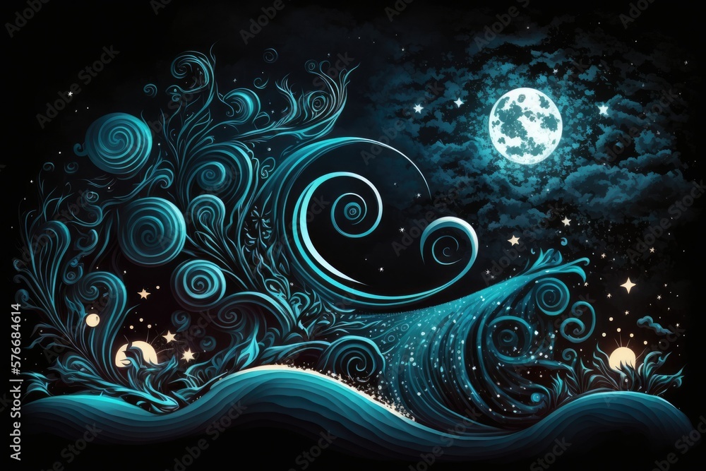 Poster Fantasy fairy tale wallpaper drawing painted picture with cosmic swirls, featuring an abstract night sky with stars, planets, and black clouds. Generative AI