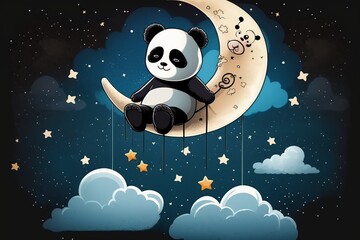 Fototapeta premium cartoon illustration, shows a happy panda swinging on the moon, ai generative