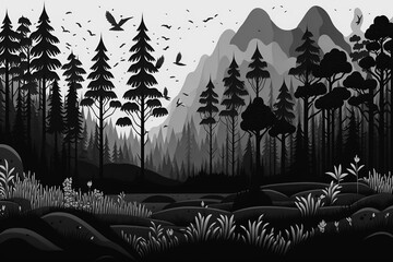 Forest Black and White Illustration Landscape with Sky and Birds: Flat Style Background Wallpaper in High Resolution for Digital Design and Desktop