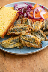 fried fish on table with copy space