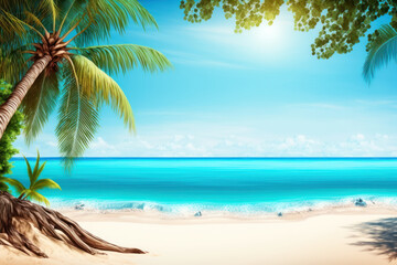 Obraz na płótnie Canvas banner of tropical beach with turquoise water, white sand and palm tree. Summer and Vacation concept. Generative AI