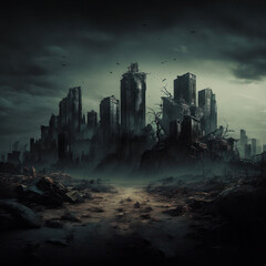 dead city in ruins destroyed after war. apocalypse concept. generative ai