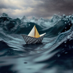 Fototapeta na wymiar papper boat in water with stormy weather. Fragility. generative ai