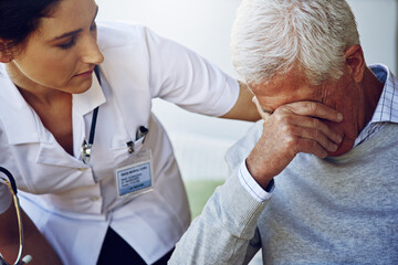 Doctor help sad senior man for support, healthcare and counselling in retirement home. Depressed,...