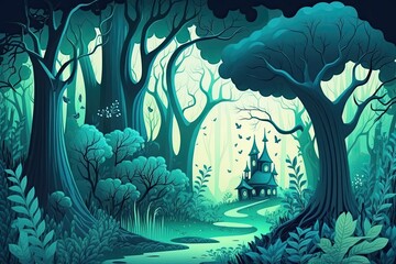 Fantastical lush forest, like out of a fairy tale. Generative AI