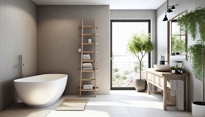 Fototapeta na wymiar Modern light bathroom realistic interior design with white bath Generative AI