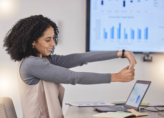 Corporate black woman, table or stretching arms at meeting for finance, budget or accounting presentation. Girl, business health and happy with exercise for stretch fingers, muscle or healthy mindset
