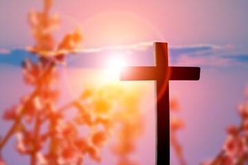 Holy wooden cross on nature background