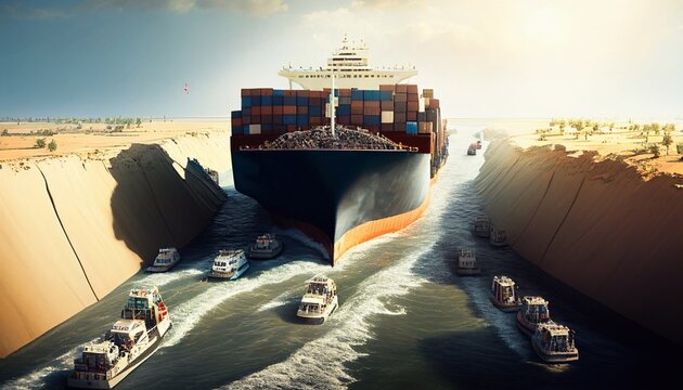 The waterway of the Suez Canal is busy with shipping. illustrati Generative AI