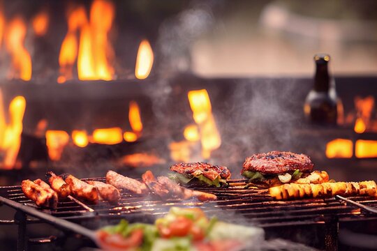 Weekend backyard barbecue with beers and burgers sizzling on the grill, generative ai