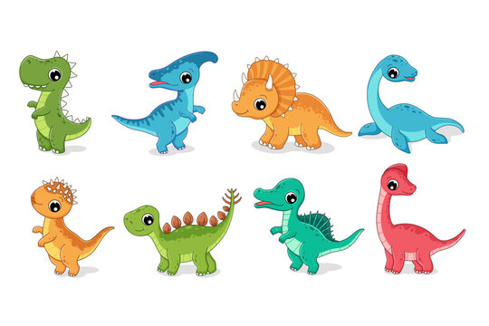 Clipart set of cute baby dinosaurs. Triceraptor, t-rex, tyrannosaurus, triceraptor, stegosaurus, pachycephalosaurus, parasaurolophus, spinosaurus. Vector illustration in cartoon style.