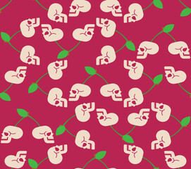 Cherry Scull pattern seamless. Cherries skeleton head background. Vector texture
