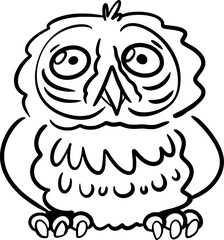 Vector drawing of a big surprised owl. Black and white, contour, silhouette. Hand drawn, cartoon style, doodle, flat. Cute, big eyes, silly, funny, character, wisdom.