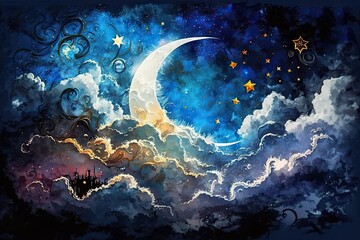 Fantasy clouds, stars, and a crescent moon paint a watercolor sky in a bygone era. Generative AI