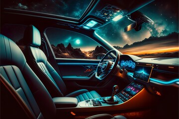 luxury car interior with cool LED lights and technical devices