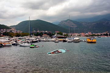Fototapeta na wymiar View to the harbor of Budva, Montenegro after a storm