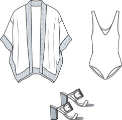 women beachwear sets technical drawing, caftan, swimsuits and sandals