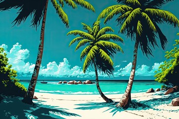 Caribbean palm trees on a sandy beach. Dominica's Punta Cana. Island of Saona. Generative AI
