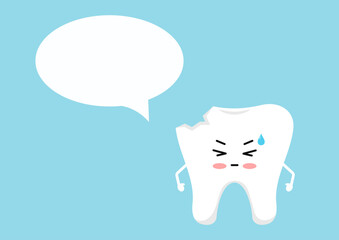 Chipped tooth icon with oval speech bubble isolated on blue background. Flat cute design kawaii dental emoticon. Vector cartoon style teeth character.