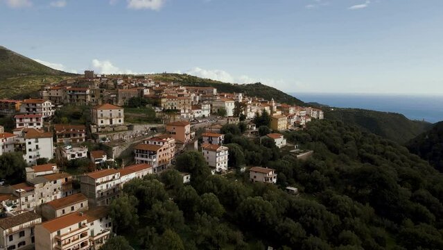 Aerial view of Marina di Camerota on hilltop, Salerno, Italy.