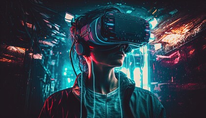 Exploring the Metaverse: VR Headset in a Futuristic Virtual World with Double Exposure, State-of-the-Art Technology, and Advanced State of Consciousness. Generative AI