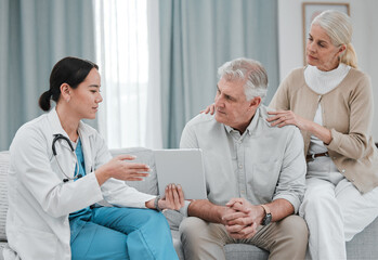 Nurse with tablet results consulting old couple in hospital after surgery or medical test report for support. News, healthcare clinic or doctor working or helping a depressed or sick elderly person