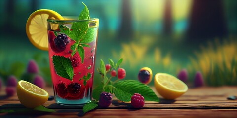 Berry lemonade cocktail with tropical fruits on the background of green grass and garden or forest. Vacation summer concept. Ai generative.