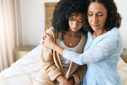 Black women hug, comfort and sad with empathy, kindness and mental health, love with grief and loss. Depression, mother and adult daughter with compassion and care, family and support with trust