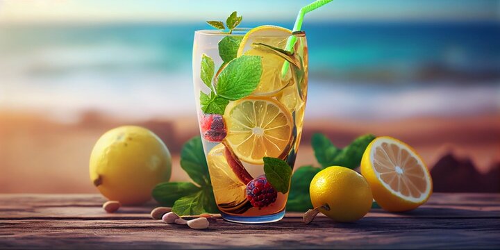 Lemonade cocktail with tropical fruits on the background of the beach, sea or ocean. Vacation summer concept. Ai generative.