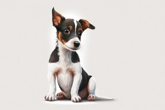 Small white background with a smiling Rat terrier puppy dog sitting there. Generative AI