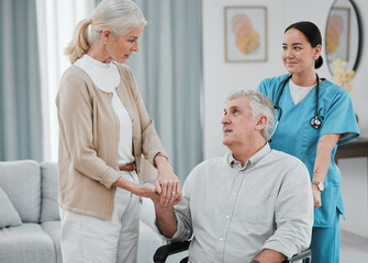 Disability, nurse or old couple holding hands in rehabilitation for support, empathy or solidarity together. Physiotherapy healthcare, wheelchair or medical caregiver nursing elderly disabled patient
