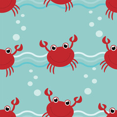 Fototapeta na wymiar Vector seamless pattern with red crabs characters and sea waves and air bubbles in cartoon style