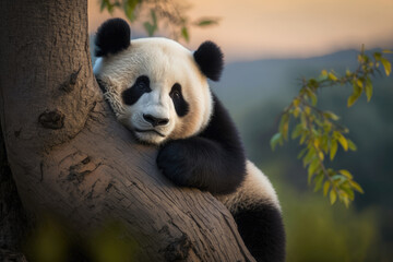 Obraz na płótnie Canvas A giant panda sits on a tree at sunset. Rare panda in the wild in China. An animal from the Red Book. Photorealistic illustration generated by AI.