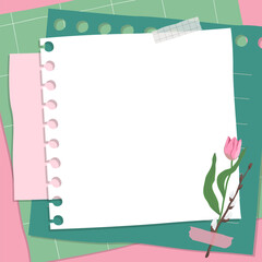 Scrapbook composition with notes paper, tapes and flowers elements. Page for stories in spring style