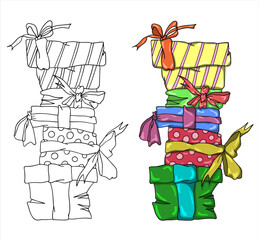 Mountain of gifts. Coloring. Vector (4)