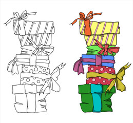 Mountain of gifts. Coloring. Vector (3)