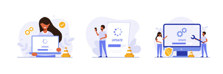 Obraz premium System or web application upgrade procedure set. Concept of software version update or renewal process indication. Collection flat colorful vector illustration for banner, poster.